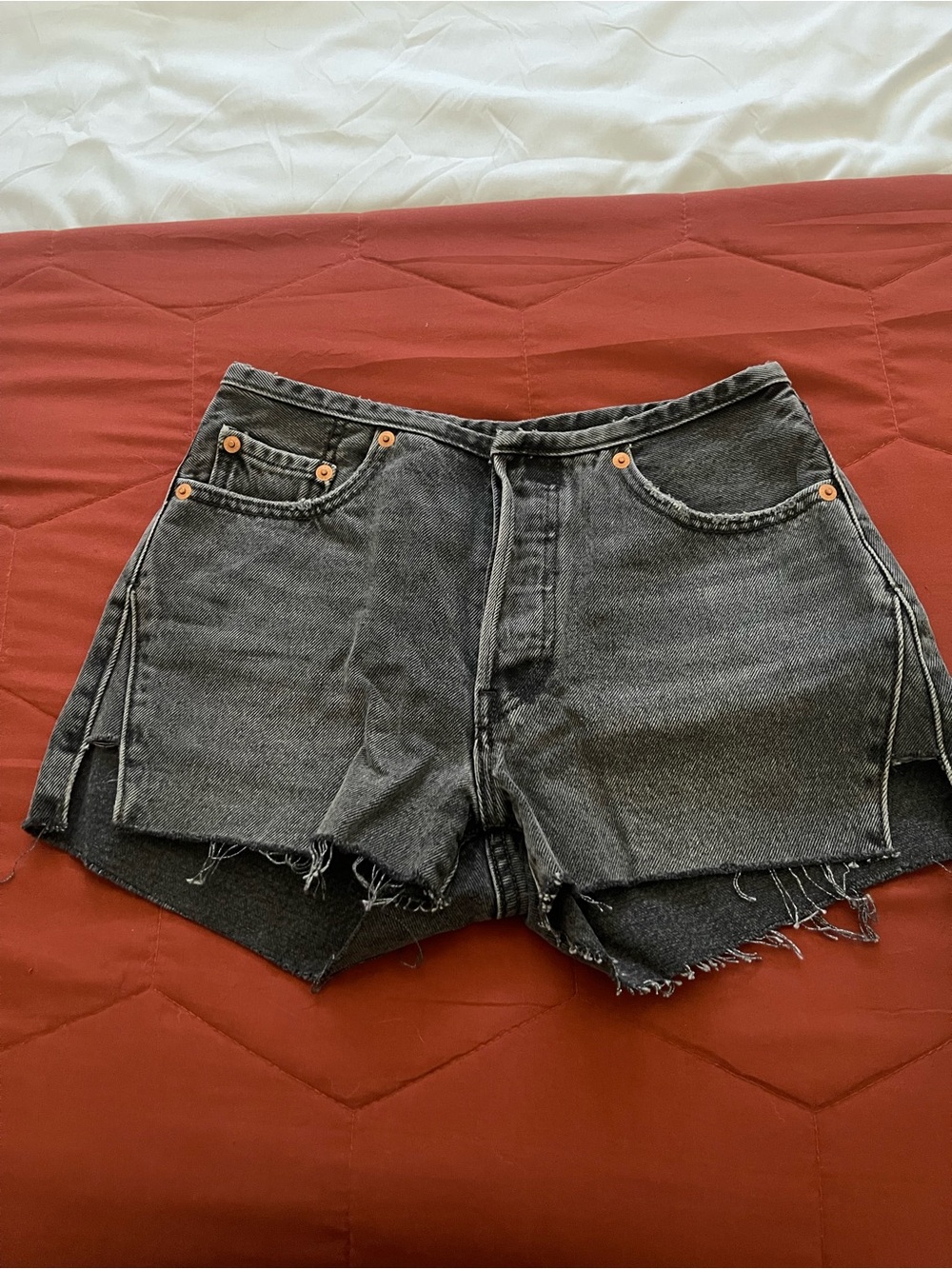 Levi's Washed Black Denim Cutoff Shorts with Copper Rivets